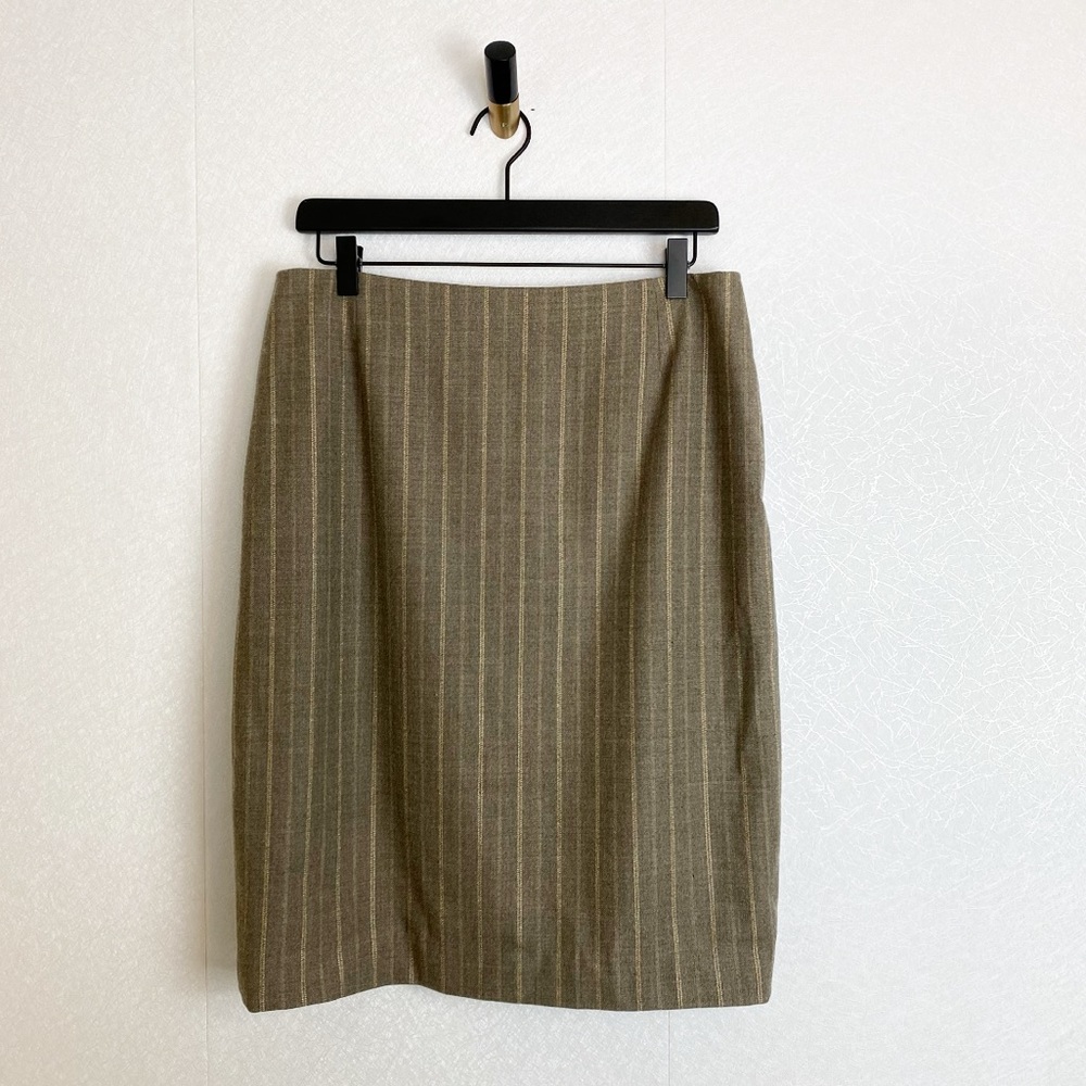 Escada Wool Pinstripe Taupe Brown Pencil Skirt Striped Classic Suiting Skirt
